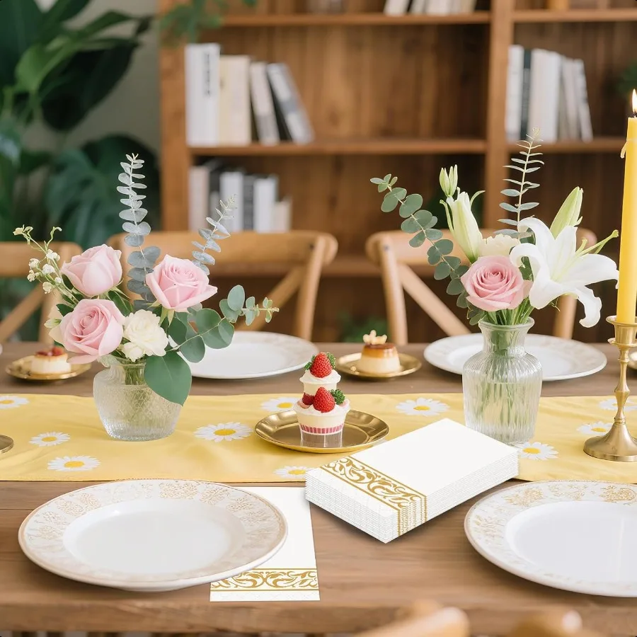 100 Pack  Paper Napkins Soft and Absorbent Hand Towels for Bathroom Decorative Napkins with Gold Trim 12.9x15.6 Unfold Ideal fo