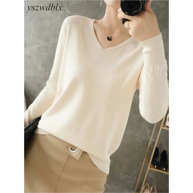 

YSZWDBLX Womens Sweaters Spring Autumn V-neck Knitted Pullovers Loose Bottoming Shirt Cashmere Fashion Jumper Solid Pink Sweater