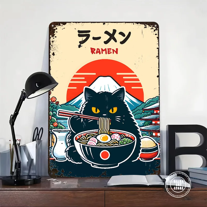 Cat Eating Ramen With Mount Fuji 3D Texture Metal Poster Customized Wall Art Tin Sign Gift for Mancave Decoration Bedroom Decor