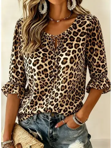 Women's Leopard Print Tie Neck Blouse, Casual Loose Tops for Spring Summer Daily Wear & Vacation Occasions