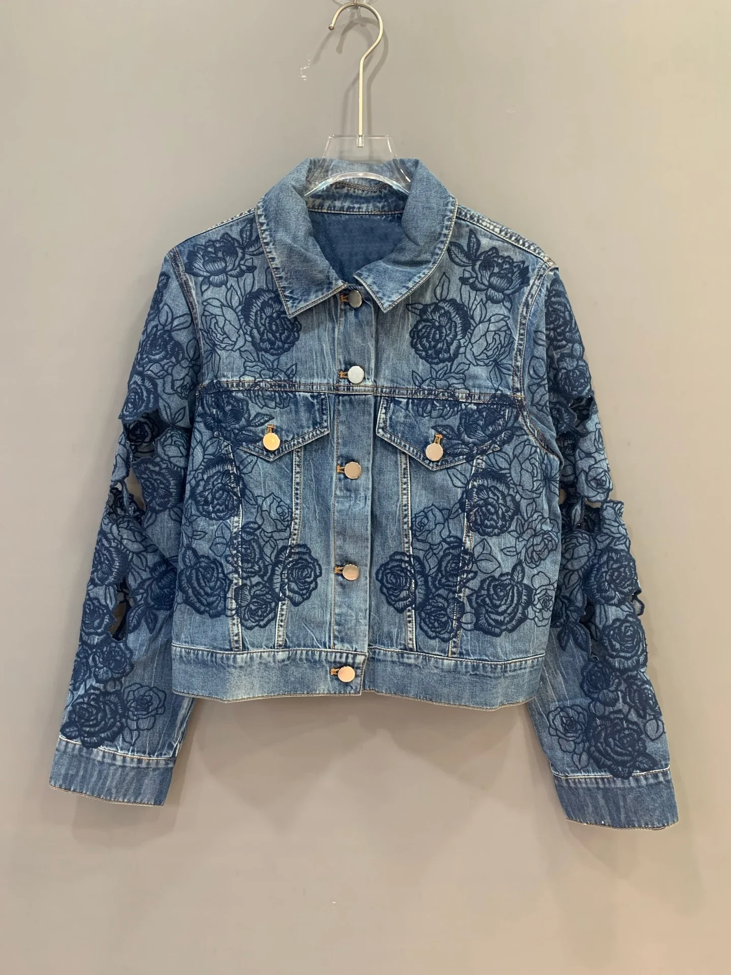 Women Heavy Embroidery Hollow Out Coat Turn-down Collar Long Sleeve Single Breasted Casual Female Cotton Denim Jacket