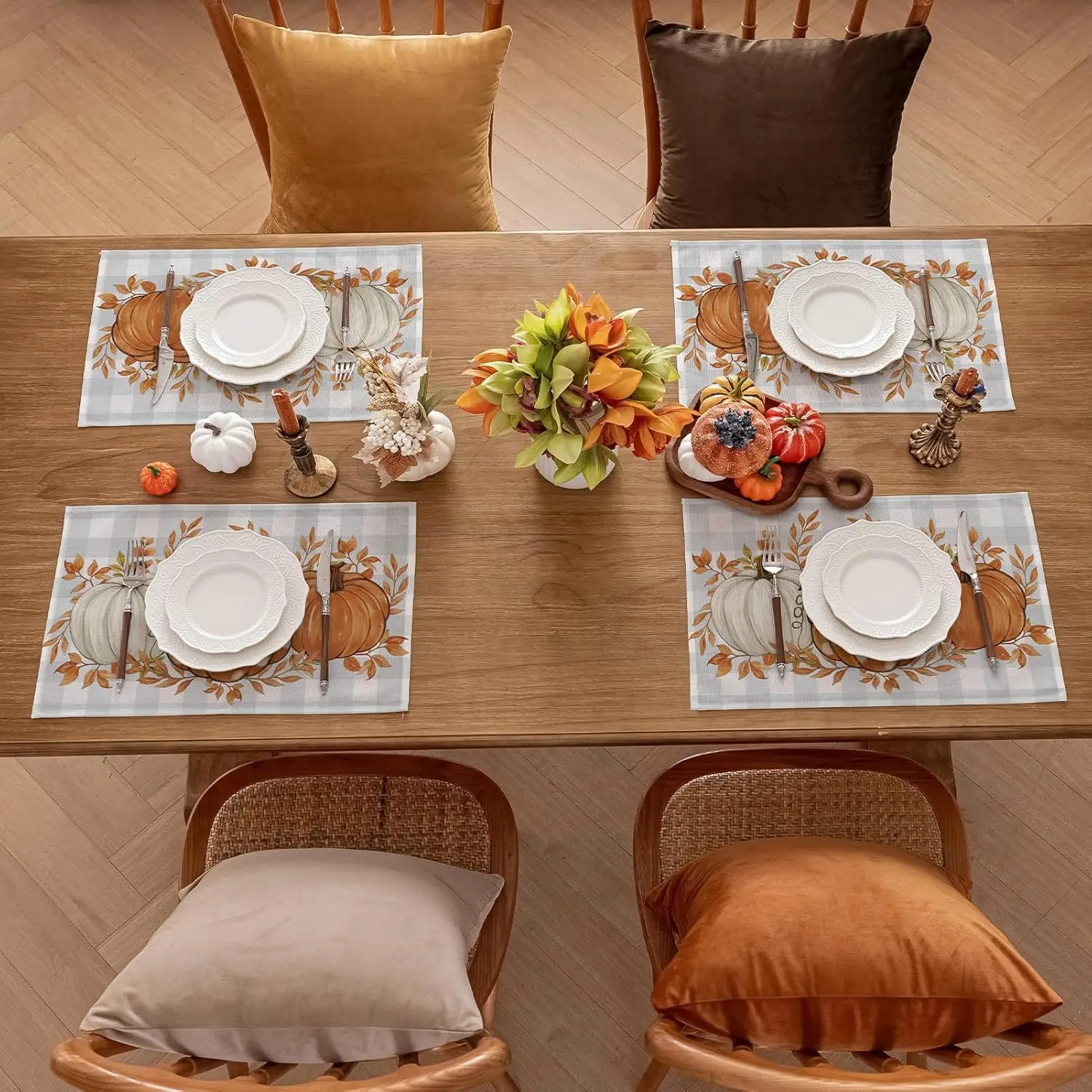 1PC Romanstile Fall Placemats Thanksgiving Autumn Harvest Pumpkin Buffalo Plaid Place Mats, Stain Resistant Wipeable Table