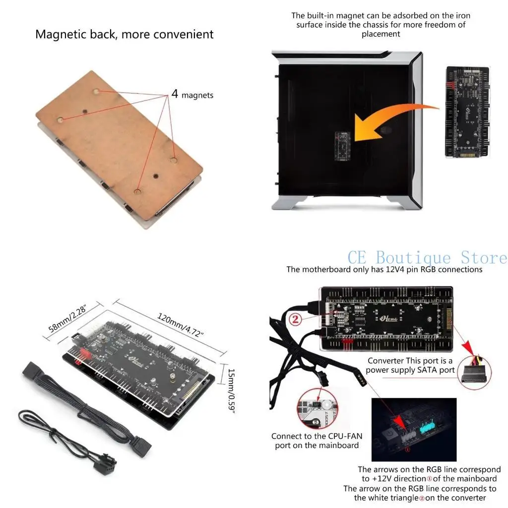 RGB Convertor 12V ADD-RGB to 5V ARGB Transfer Hub Fan Hub Control 4PWM Fan Speed Supports Fan with 3Pin/4Pin Cooling