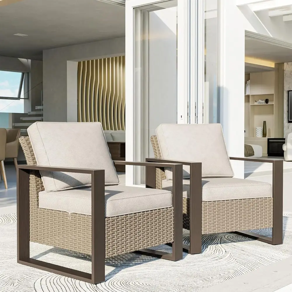 

Набор из 2 плетеных стульев для патио на открытом воздухе с металлическим каркасом и толстыми подушками для террасы, крыльца или двора (бежевый)