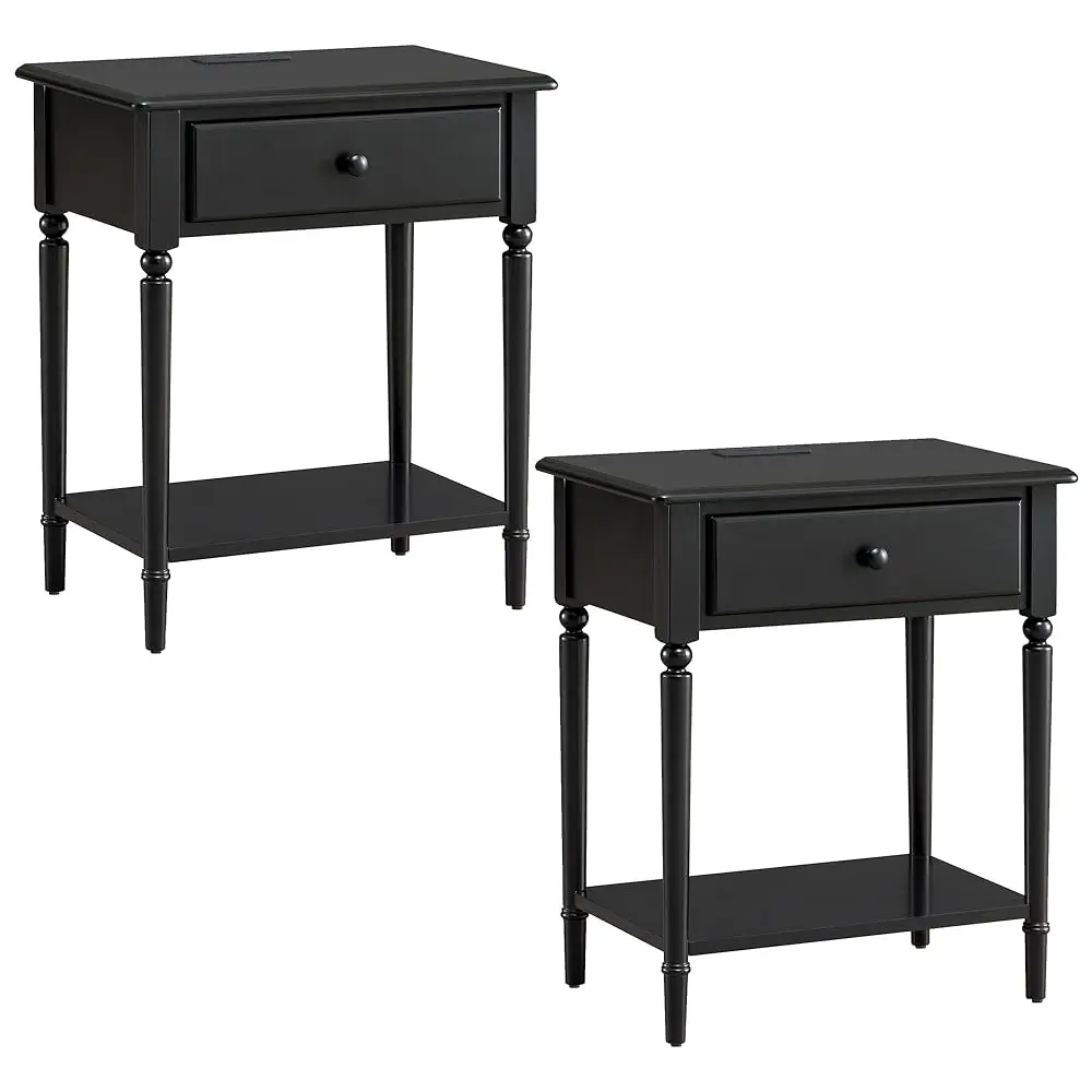 

214445 Coastal Nightstand One Drawer Side Table With Usb-C Fast Charging Station Ac/Usb Charger And Shelf, 2-Pack, Swan Black