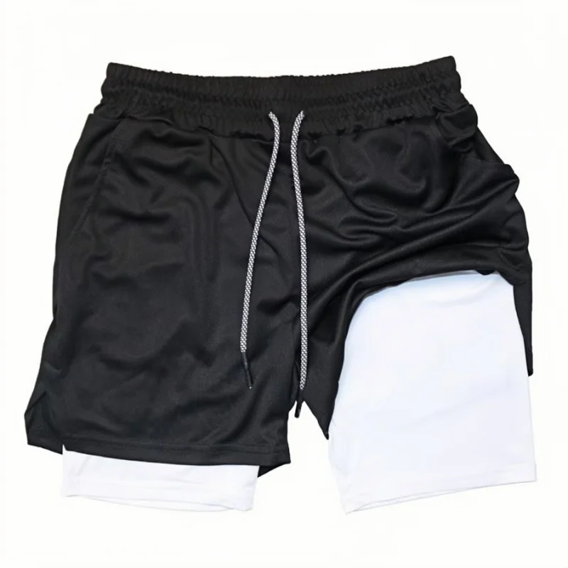 NEUE Sommer 2-in-1 Laufshorts für Herren, schnelltrocknende Trainingsshorts mit Handytasche, Handtuchschlaufe, Sport-Multitaschen-Shorts, lässige Herrenshorts