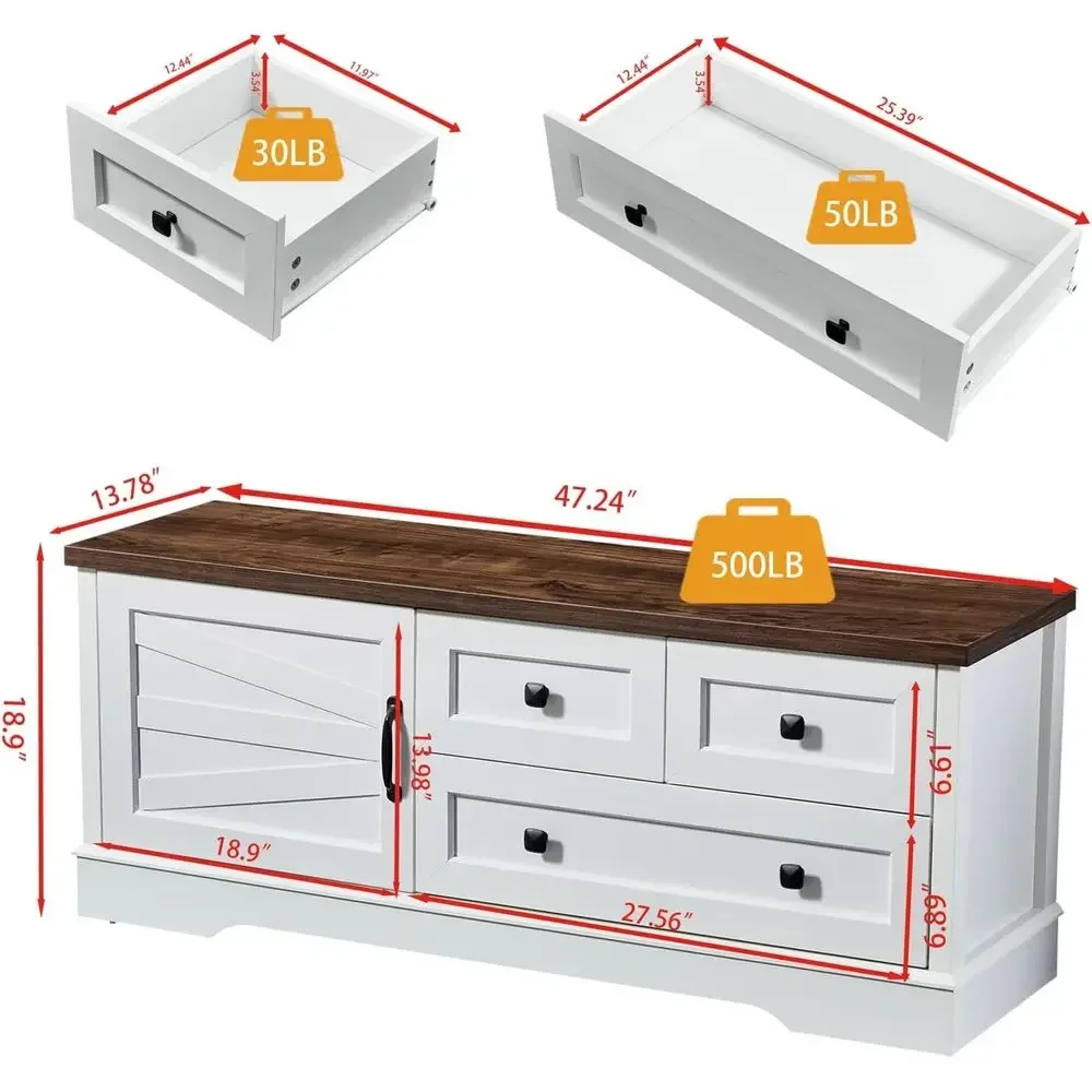 48 Inch White Storage Bench with Drawers and Cabinet, Rustic Shoe Organizer for Entryway, Bedroom, Living Room