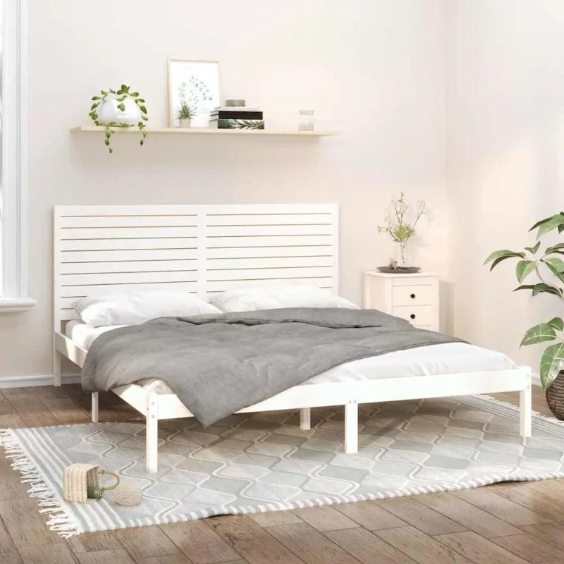 Cadre de lit en pin massif 200 x 200 cm avec tête de lit ergonomique et sommier à lattes, design rustique intemporel pour chambre principale, studio et espace d'hébergement, montage à réaliser, outils non inclus