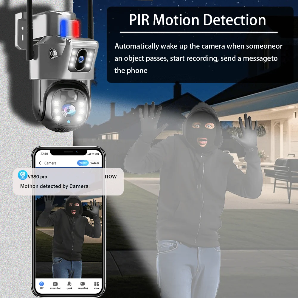 Telecamera di sicurezza esterna ad energia solare WiFi, doppia lente 6MP 4K, movimento PIR, batteria a lunga durata, visione notturna CCTV V380