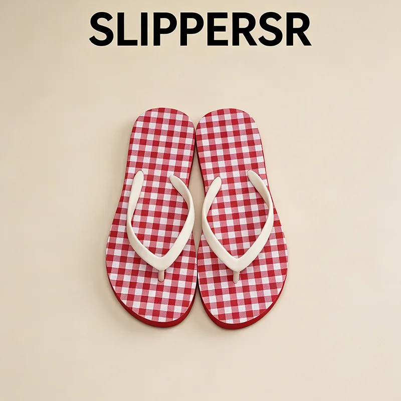 2026 New Summer Beach Sandals Korean Red Plaid Toe Clip Flip Flops Casual Lightweight Anti-slip EVA Material Sea Side Slippers