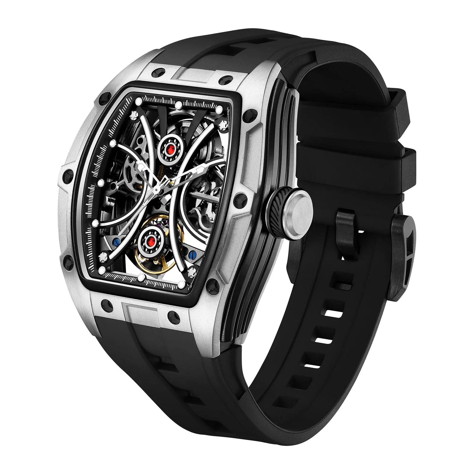 Gorman تصميم جوفاء النقش الأسود الذهبي حالة جلدية الهيكل العظمي ساعات آلية الرجال العلامة التجارية الفاخرة Heren Horloge للرجال #1