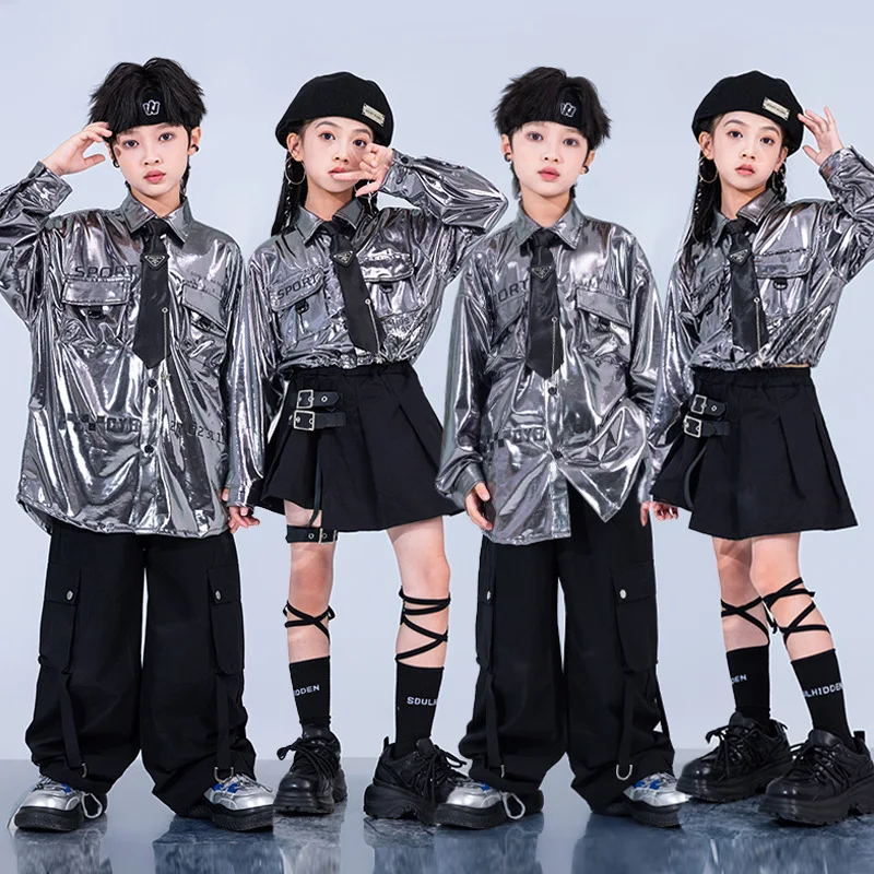

Kid Hip Hop Clothing Silver Crop Long Shirt Black Casual Strap Cargo Pants Pleated Skirt for Girl Boy Jazz Dance Costume Clothes