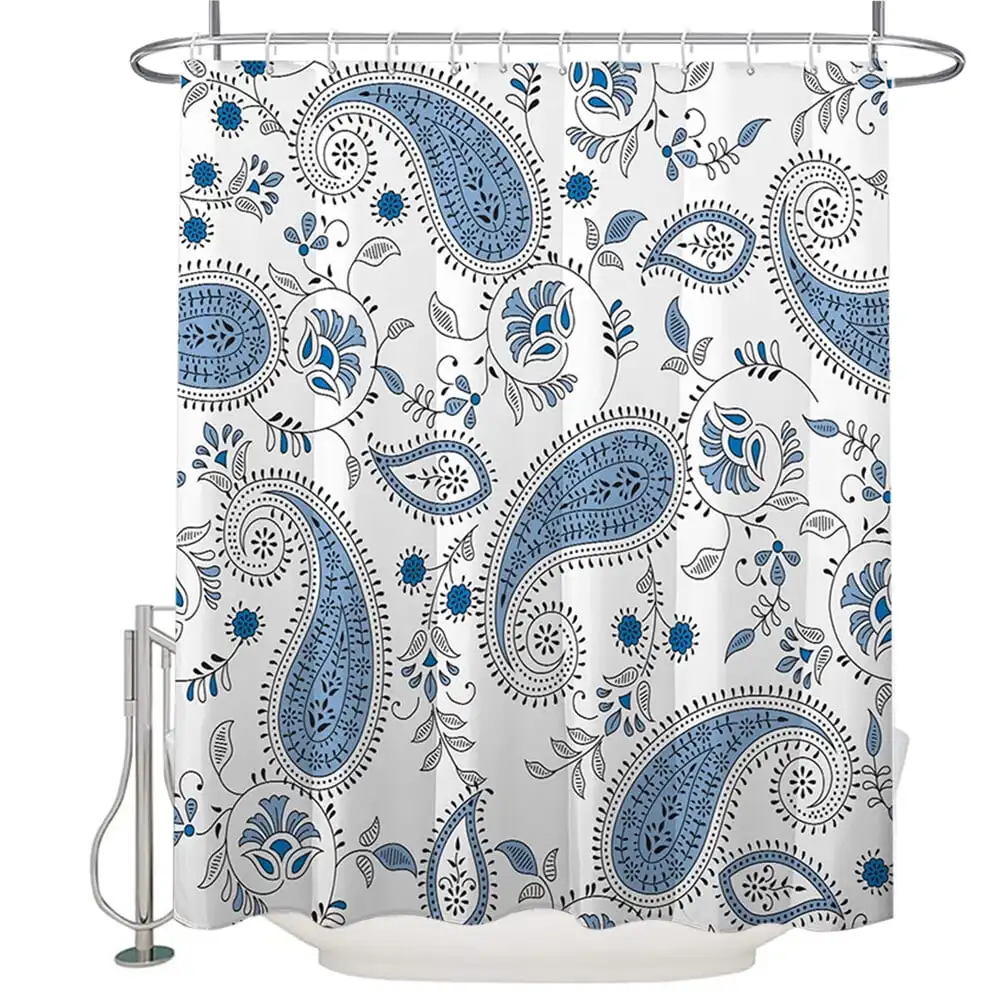 Bohemia Paisley Floral Shower Curtain,Boho Blue White Flower Bathroom Curtains,Lush Blooms Stall Bath Curtain with12 Hooks 72x72