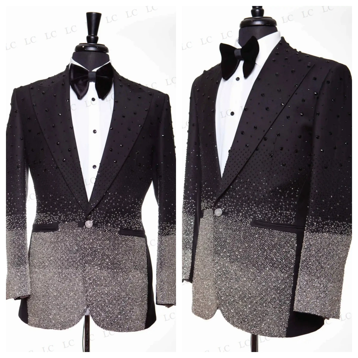 

Satin Lapel Luxury 2 Pieces Men Suits Shiny One Button Beads Diamonds Formal Tuxedo Slim Wedding Groom Prom Plus Size Customed