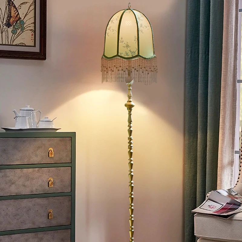 French classical European pastoral floor lamp retro bedroom living room sofa side fringed study vertical floor standing light