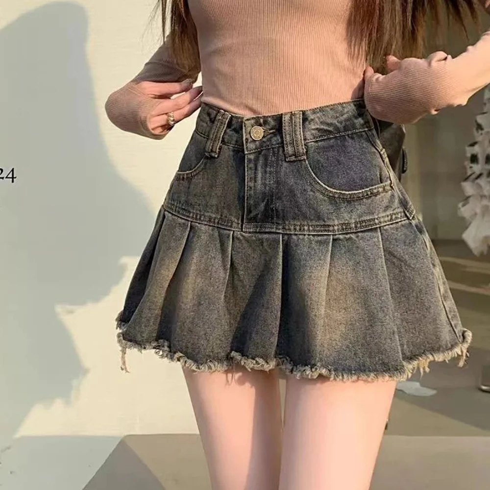 Mia Muse All Seasons  Women's Denim Skirts  Korean Casual Pleated High Waist Mini Skirts