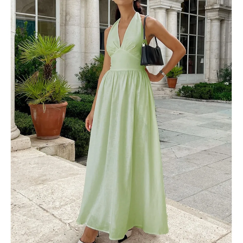 

Solid Color Sleeveless V-neck Dress Fashionable Spring Summer Women High-waisted A-line Slim Dress Vestidos De Fiesta Elegantes