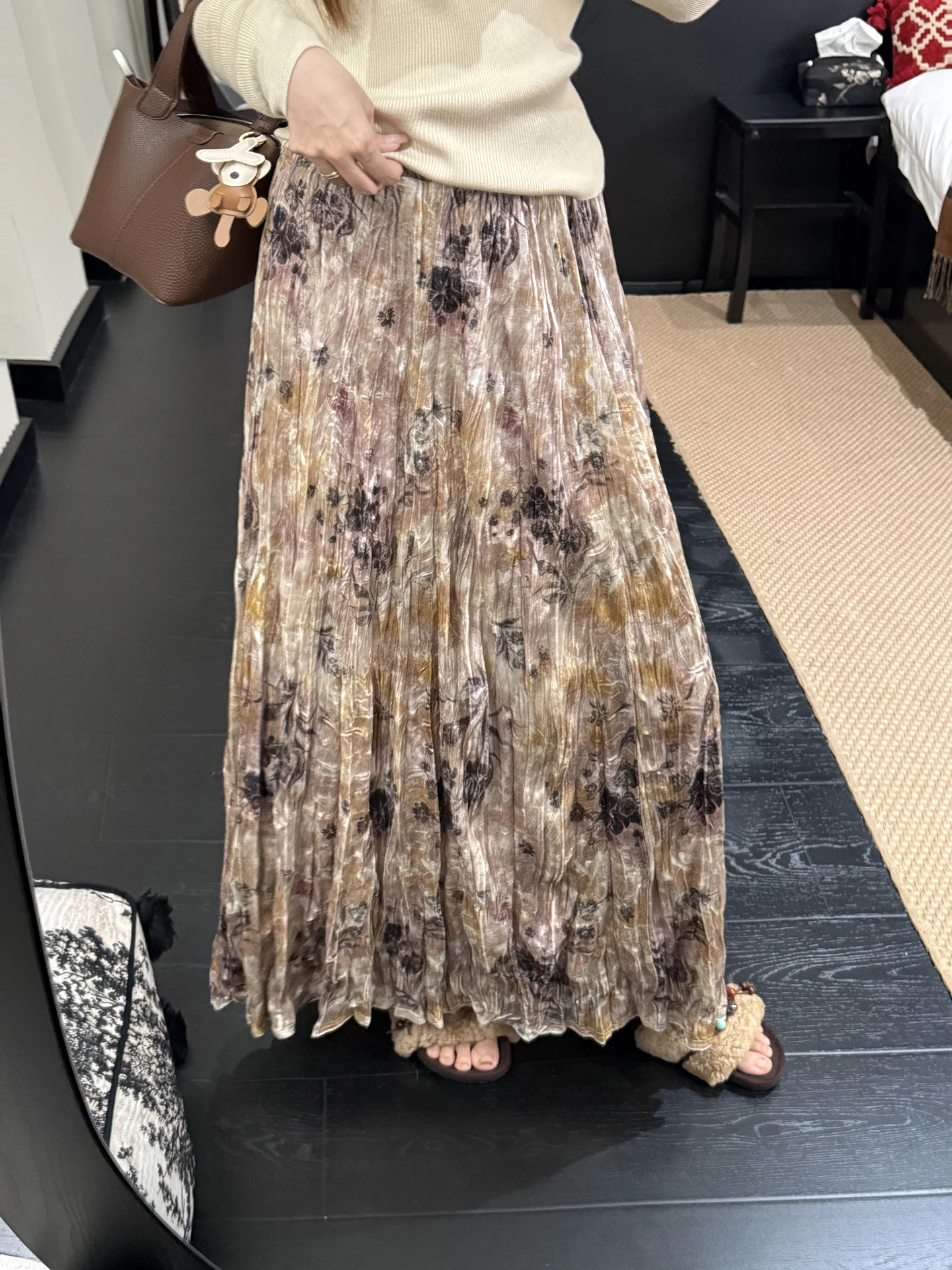 

Zhang ei Gold-Infused Velvet Printed Skirt f-length Pleated High-waist A-line Commuter-friendly Polyester Blend