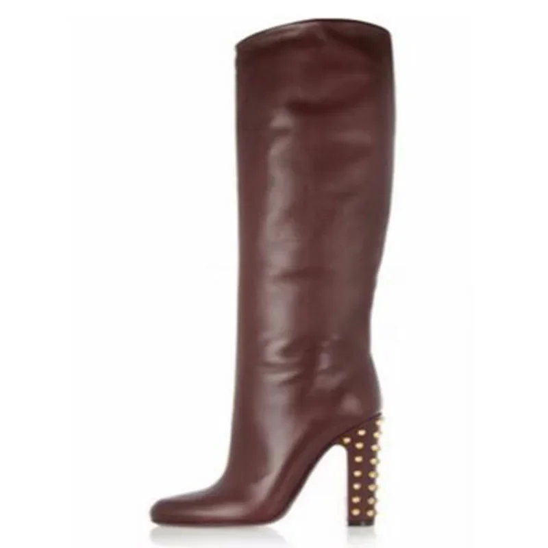 

Drop Shipping Brown Black Solid Leather Gold Rivet Square Heels Tube Slip On Knee High Boots Women Round Toe Long Botas Shoes