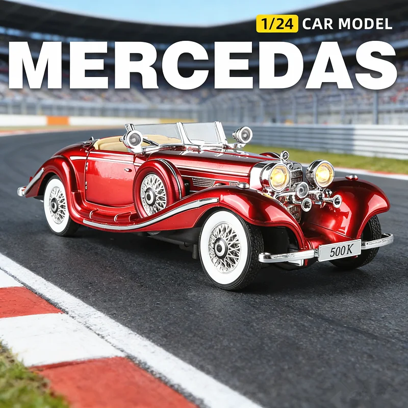 

Масштабная модель автомобиля Mercedes-Benz 500K 1936 года (1:24), высококачественная литая металлическая классическая коллекционная модель с имитацией звука и света, игрушка для детей, подарок