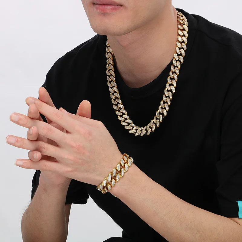 

14/18MM Punk Gold Color Curb Cuban Chain Bracelet Necklace CZ Zircon Men Women Hiphop Stainless Steel Biker Bike Bangle Jewelry