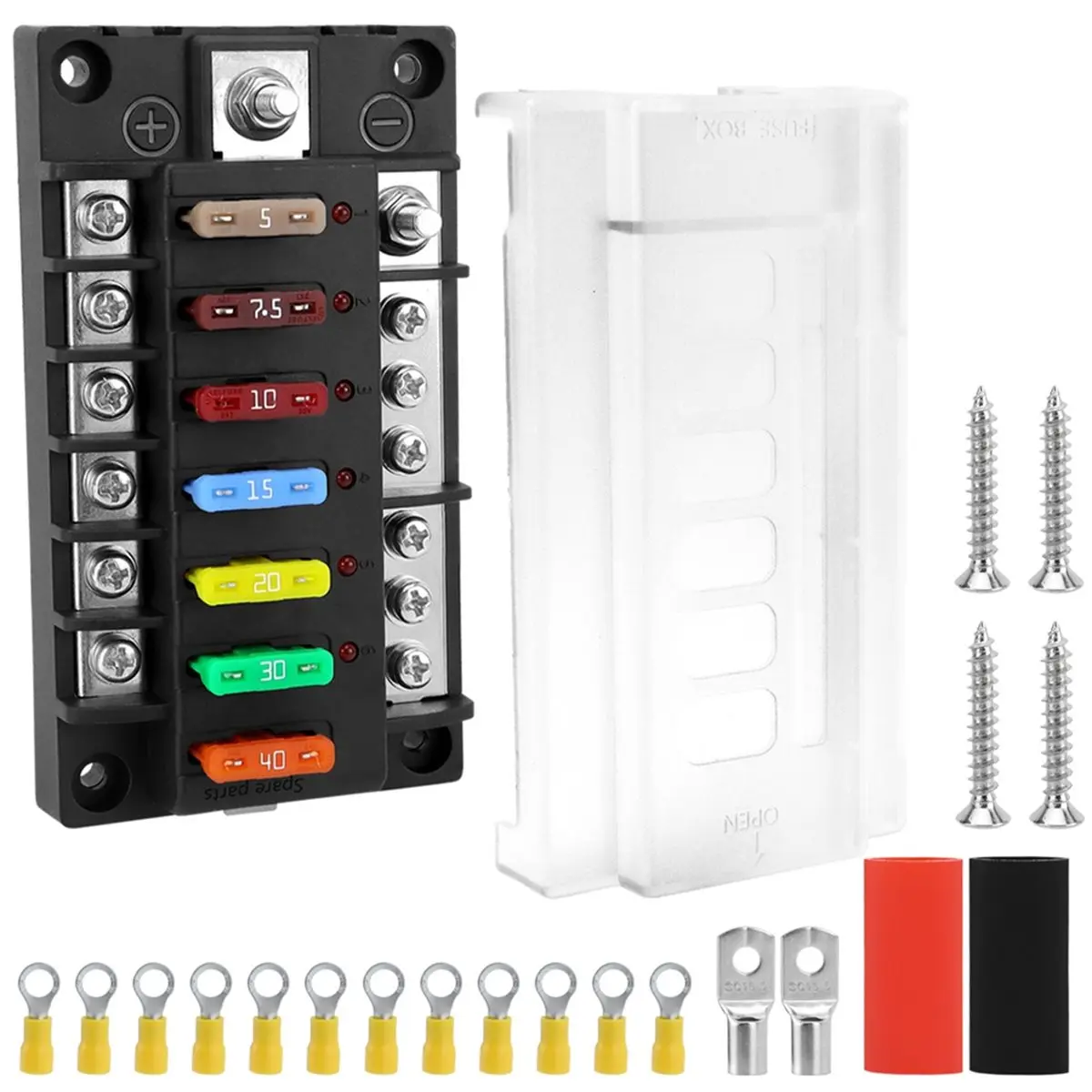 L96A 6 Way Waterproof Marine Fuse Box with LED Indicator, Circuit Fuse Holder Fuse Block W/Negative Bus for Car Truck Boat RV