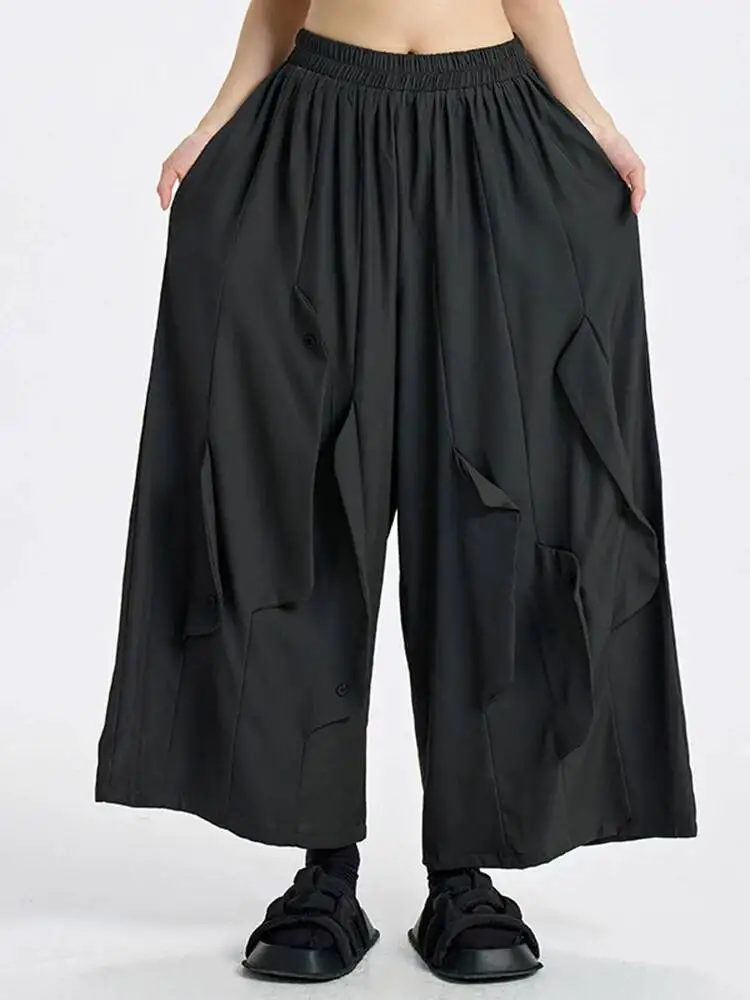 High Elastic Waist Dark Gray Button Spliced Long Wide Leg Pants New Trousers Women Fashion Tide Spring Autumn