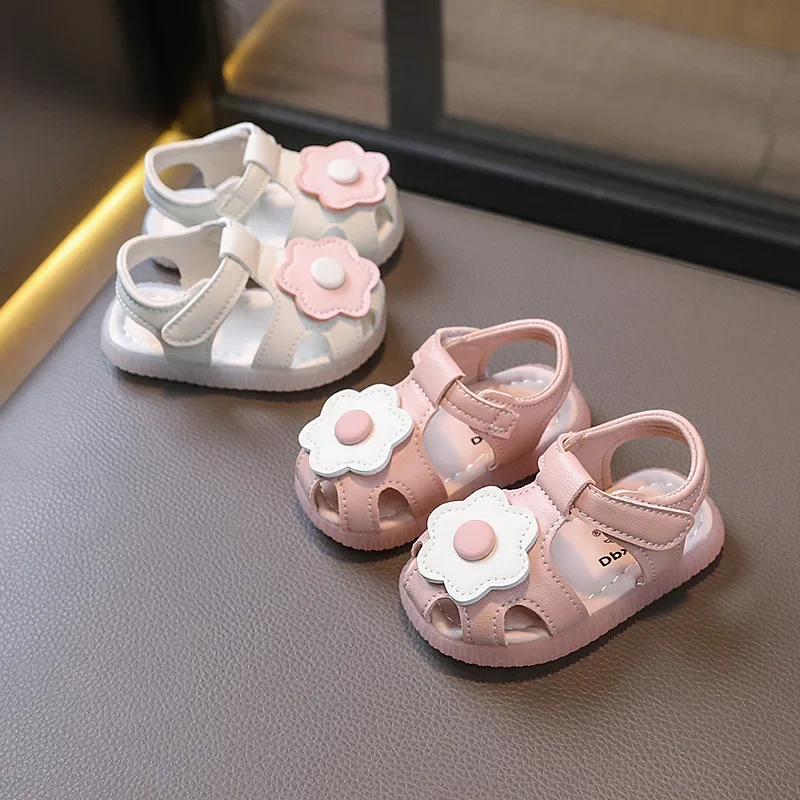 Sepatu Princess lembut untuk anak perempuan, sepatu sandal putri lucu jari tertutup sol lembut motif bunga matahari musim panas untuk anak perempuan usia 0 hingga 1