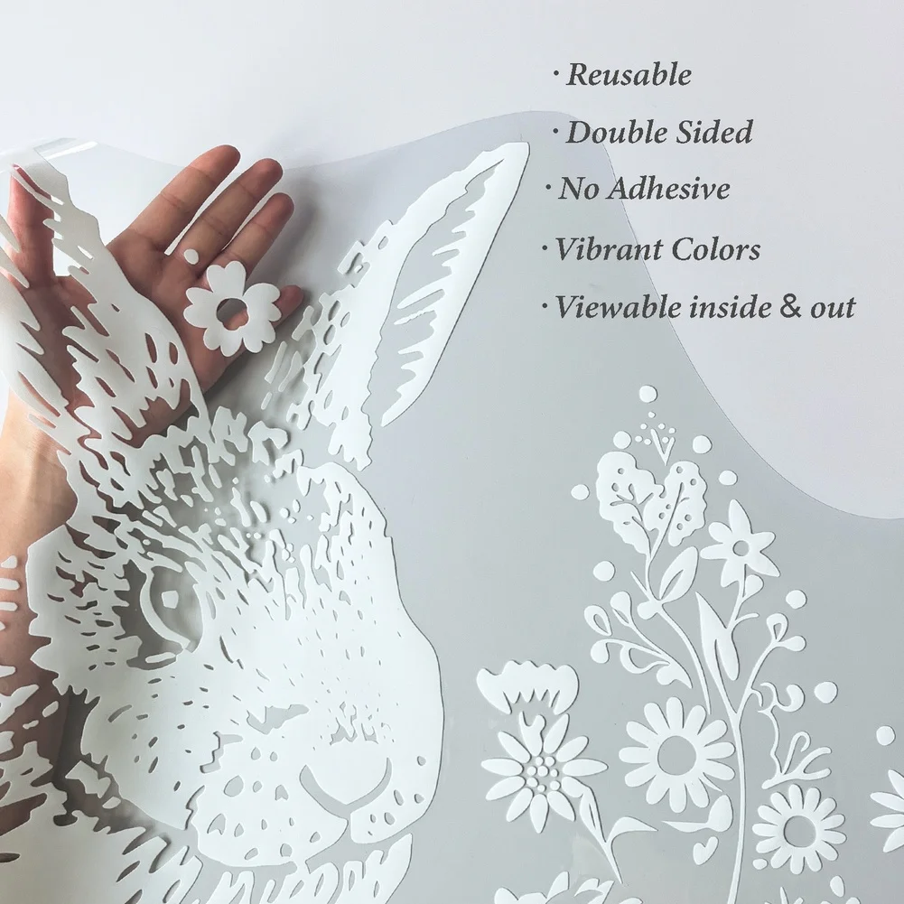 White Bunny Easter Window Cling Static PVC Reusable Rabbit Decal Floral Design Spring Themed Home Glass Decoration