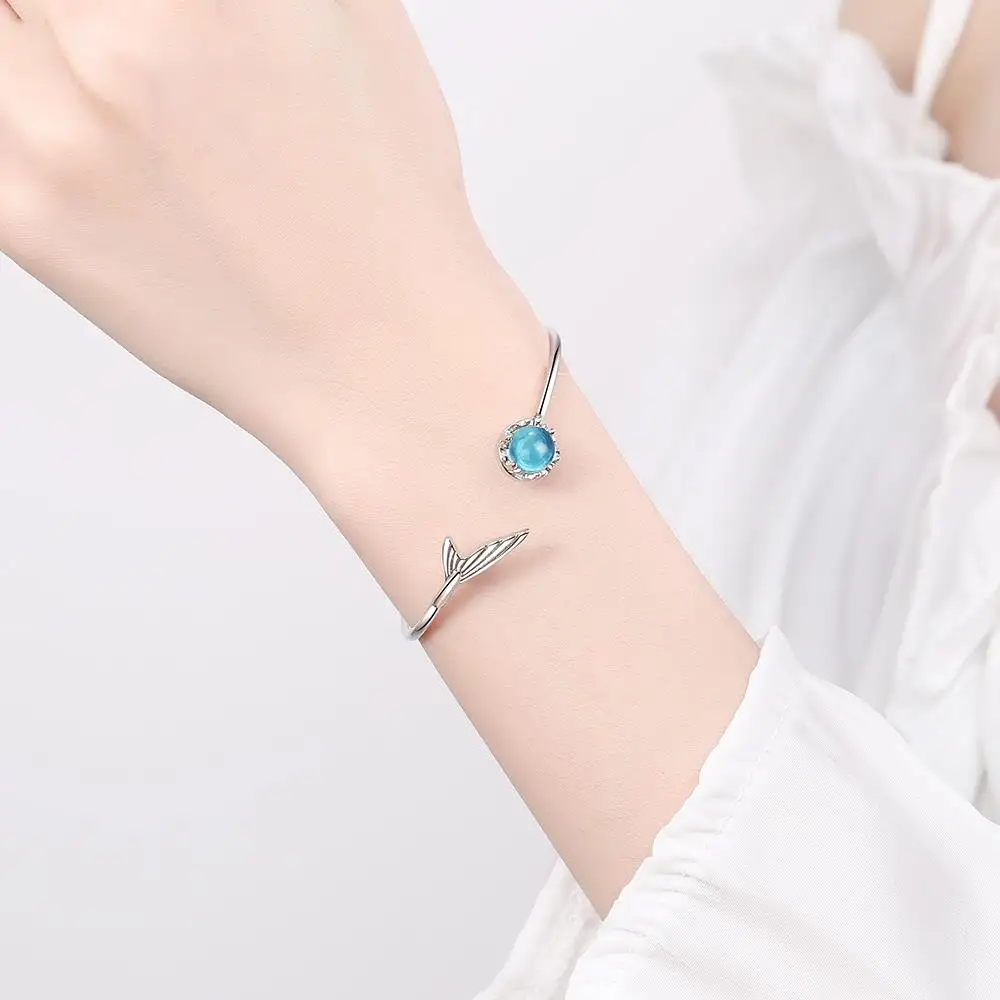 Natural Blue Topaz 925 Sterling Silver Fishtail Bubble Open Bangle for Women Statement Gemstone Jewelry Pulseiras De Prata
