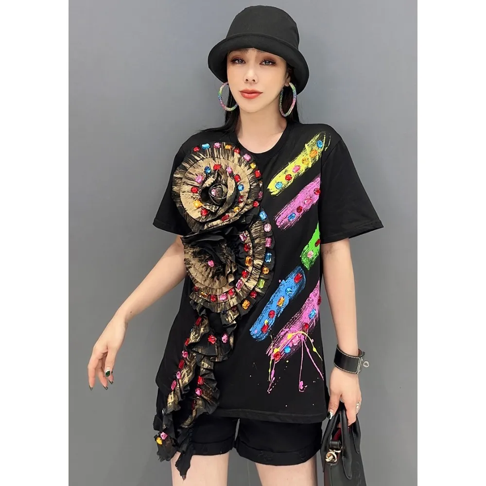 2024 Summer New Heavy Industry T-shirt Women 3D Flower Ribbon + Diamond Embedding Short Sleeves Top Fashionable Casual LX1831