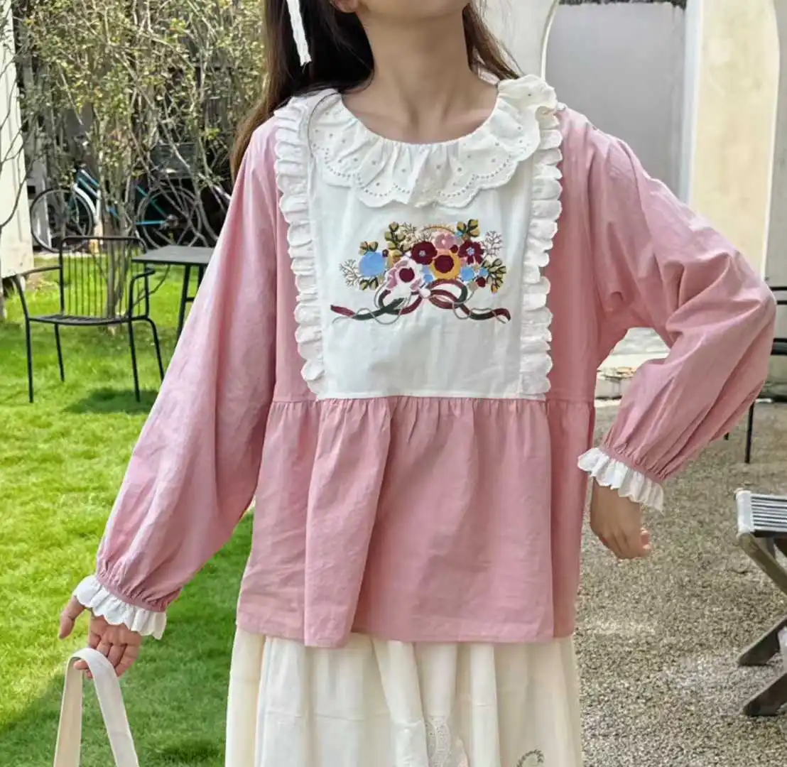 

Spring Women Cotton Long Sleeve Shirt Ruffled Embroidery Patchwork Mori Girl Preppy Style Loose Doll Blouse