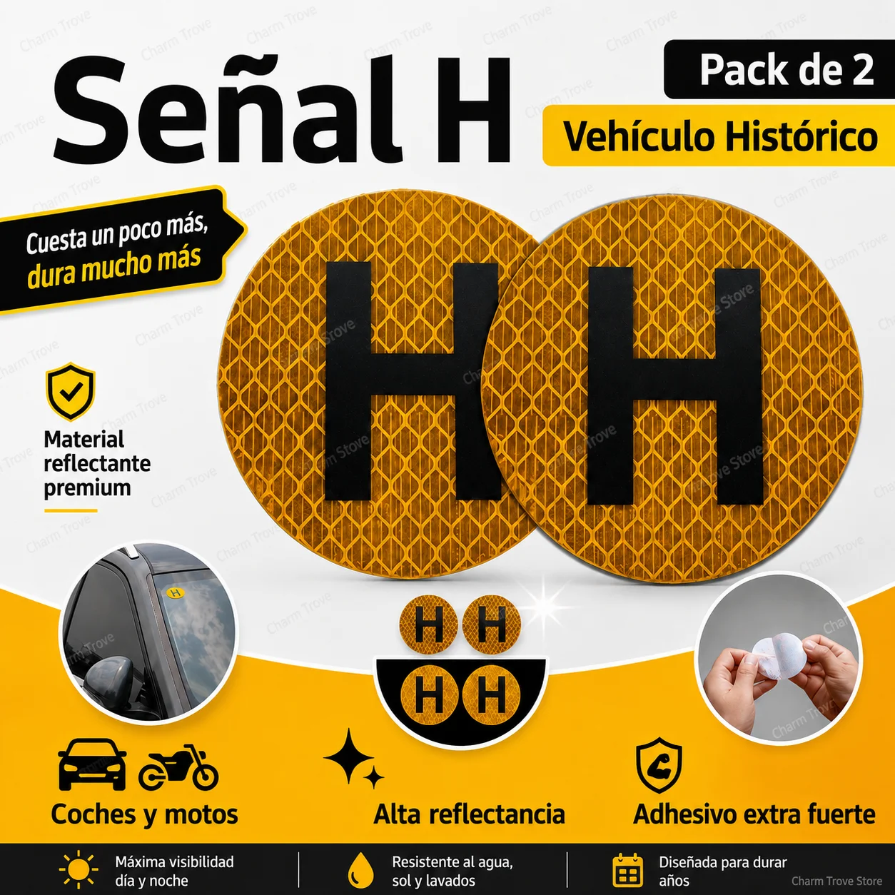 Pack of 2 H Sign Historic Vehicle 60mm Waterproof Reflective Sticker with Strong Adhesive Car and Motorcycle Official Regulations