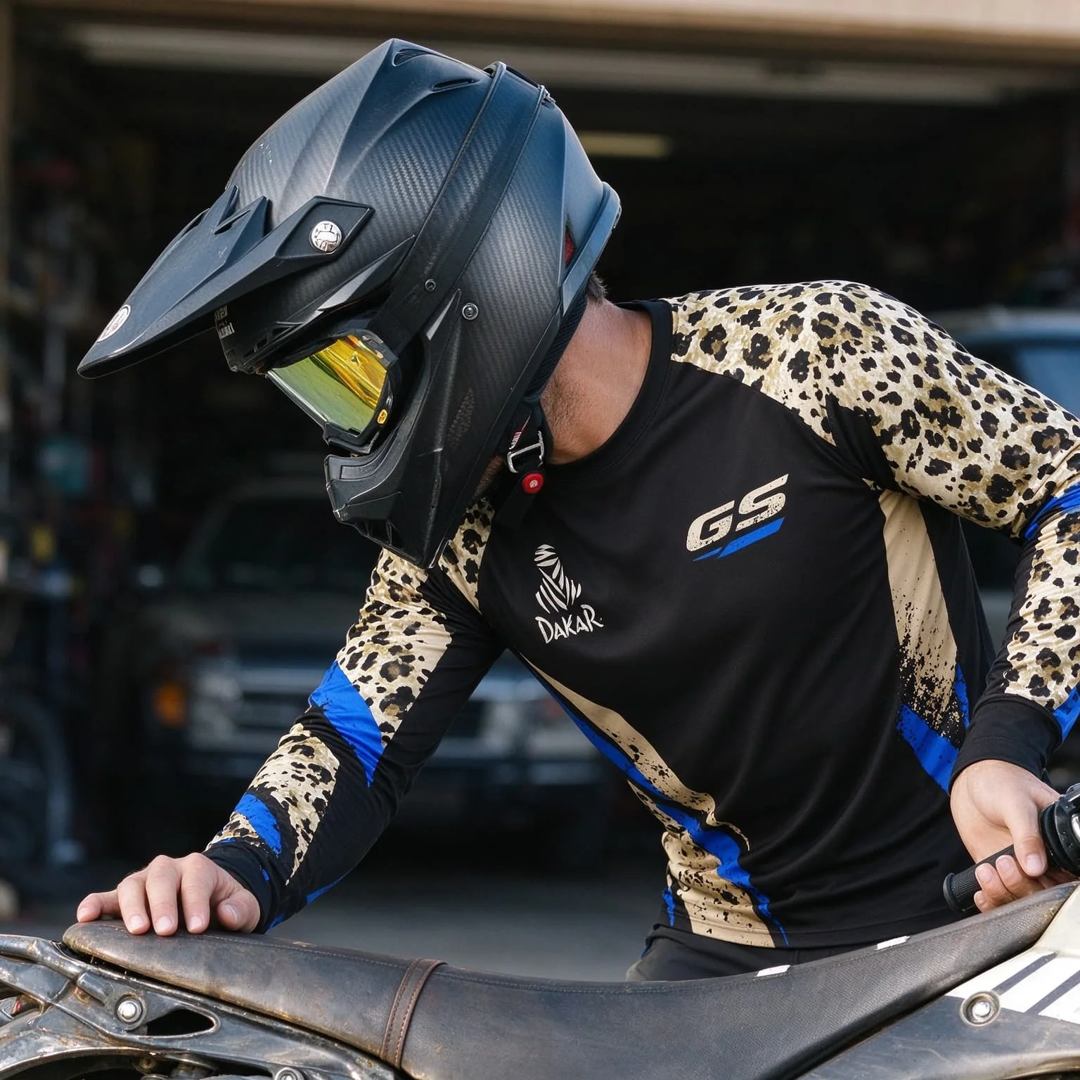 GS Mens Long Sleeve Motorcycle Jersey Black Tan Animal Print Unisex Fit Off Road Rally Race Motocross Shirt Outdoor Sports Wear