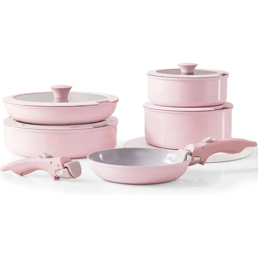 

Pink Non Stick Pot and Pan Sets with Removable Handle Ceramic Cookware Set Detachable Handle for Induction Cooking Ideal for Ki