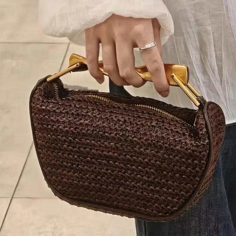 

Brand Woven Bag Light Luxury High-end Exquisite Metal Handle Handbag High-quality Fashion Brown Chain Bag Crossbody Shoulder Bag