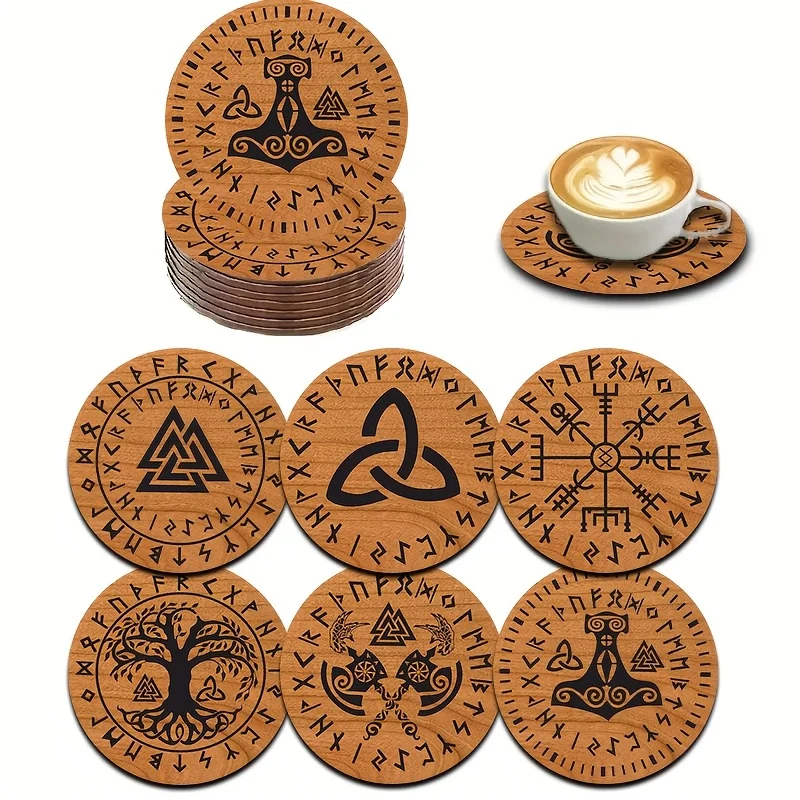 Vintage 2D Wooden Cup Mat Viking Runes Celtic Symbols Lightweight Heat Resistant Non-Slip Coffee Shop Office Home Decor 6PCS