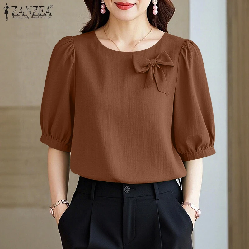 

ZANZEA 2026 Summer Office Work Blouses Women Elegant Short Puff Sleeve Bows Shirt Stylish Solid Tunic Tops Casual O Neck Blusas