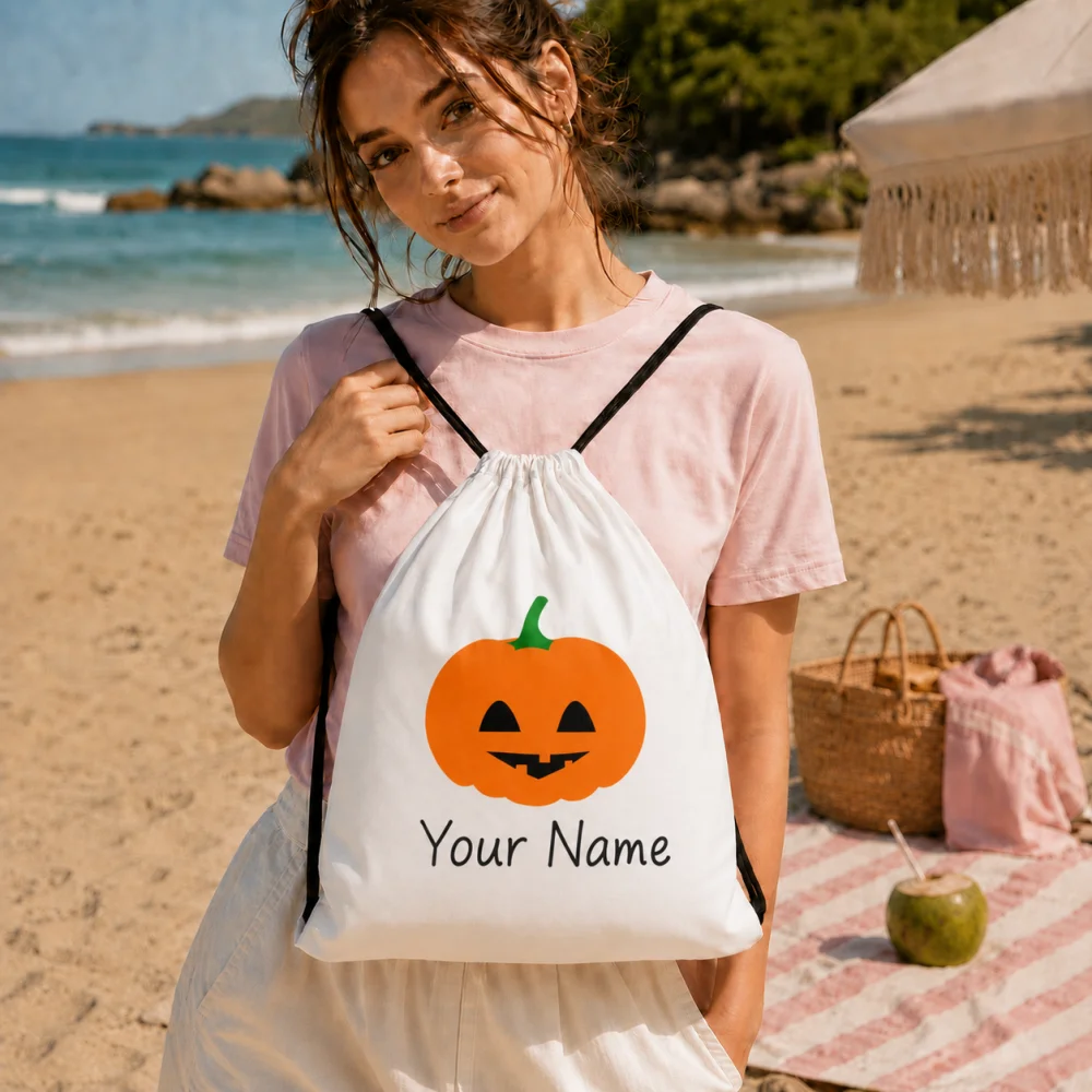 Custom Your Name Cute Jack O Lantern Drawstring Backpack, Halloween Orange Pumpkin Face Print Lightweight String Storage Bag