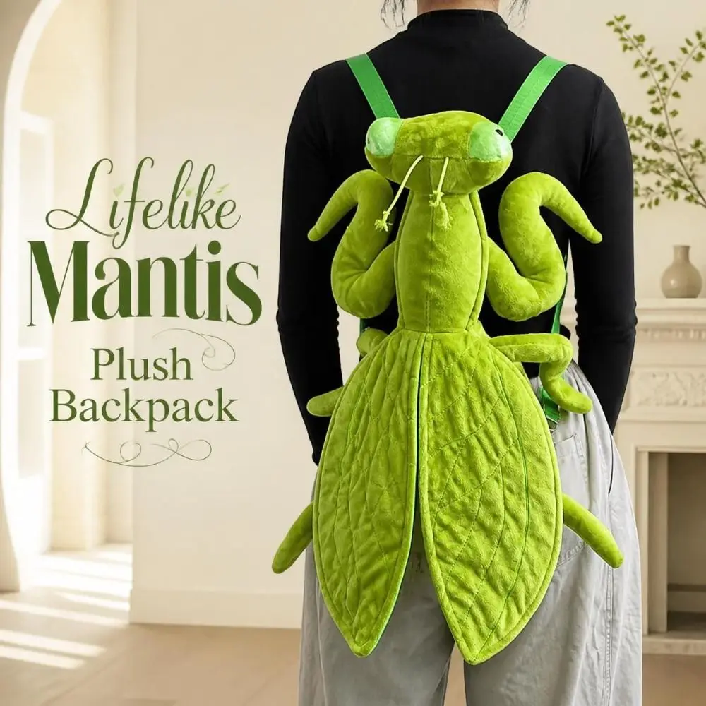 Cute Green Mantis Backpack Adjustable Lifelike Insect Stuffed Backpack Cartoon Soft Animal Rucksack Gift