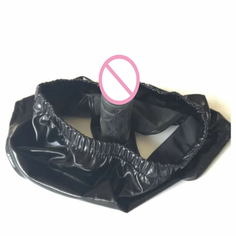 Sexy Women Silicone Inside Dildo Patent Leather Panties Briefs Rubberized Pants Anal Butt Penis Plug Chastity Underwear Sex Toys