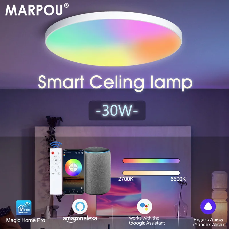 

MARPOU 30W RGB Ceiling Lamp Google Home Smart LED Lights 220V APP Voice Control with Alexa lights for Bedroom Home Decoration