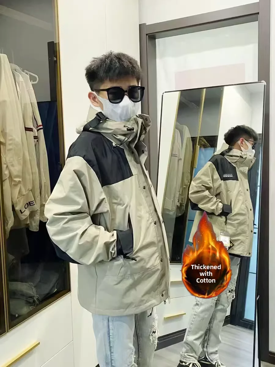 

Autumn Winter Men's Hooded Zipper Jaet Color Blo Outdoor Windproof Casual Faionable Youth Sle Long Sve Coat