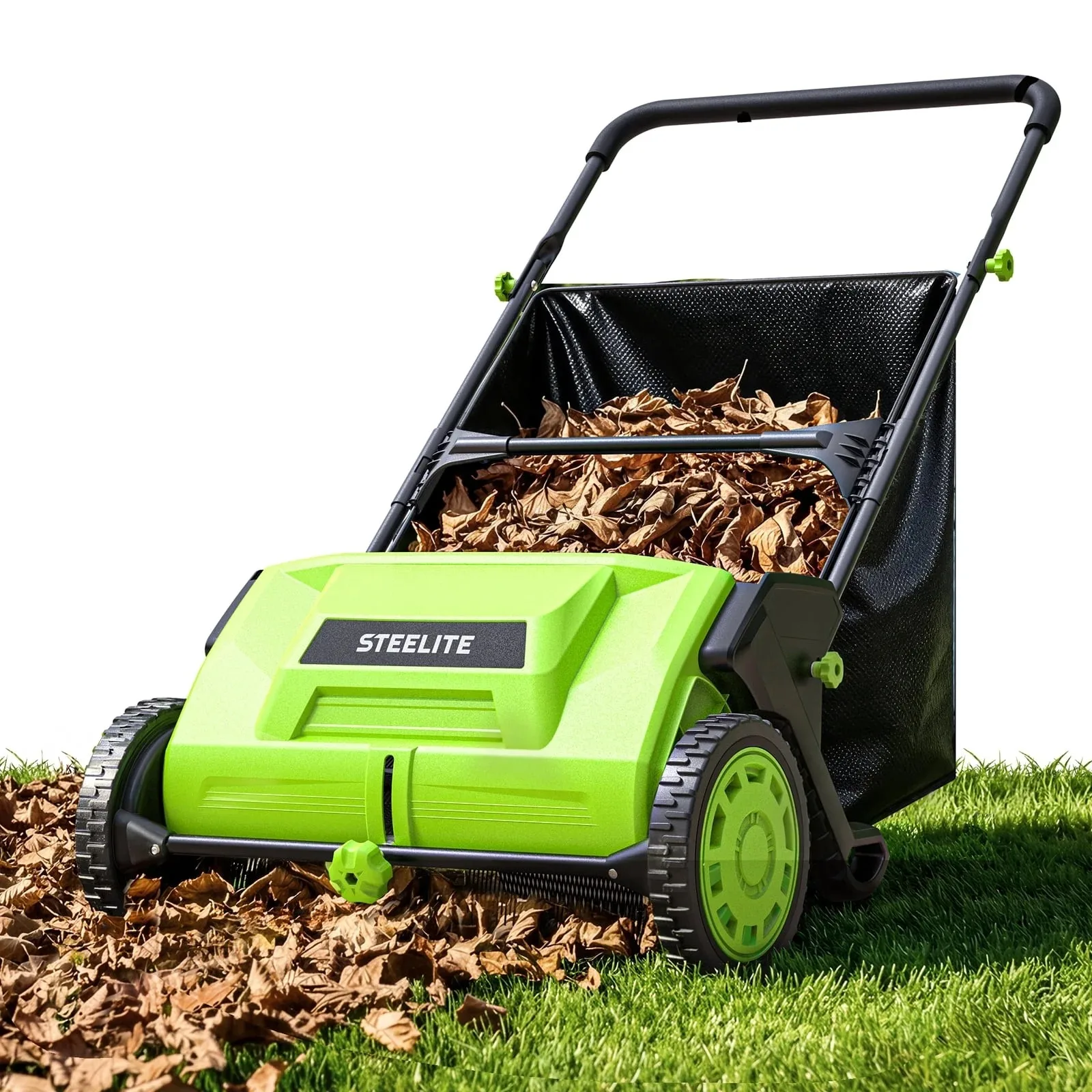 Deli Push Lawn Sweeper 21 Inch Leaf Grass Collector Heavy Duty Steel 3.6 cu ft Mesh Bag 2 Spinning Brushes Manual