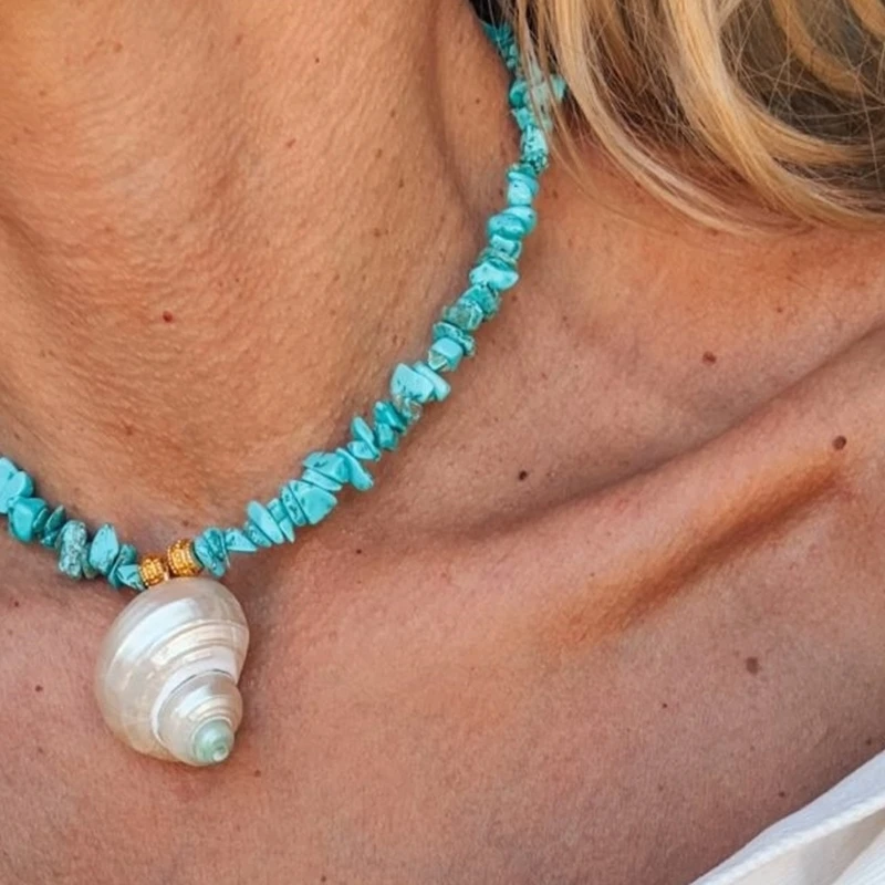 Imitation Pearls Turquoise Shell Beaded Necklace Handcrafted Adjustable Chain Women Jewelry