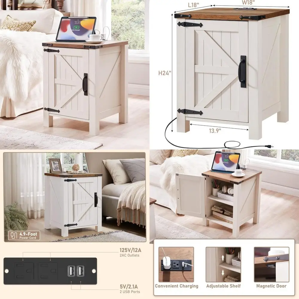 

Charging Station Nightstand, 18 Inch Farmhouse Style End Table with Sliding Barn Door and Adjustable Shelf, Rustic Wooden Sofa