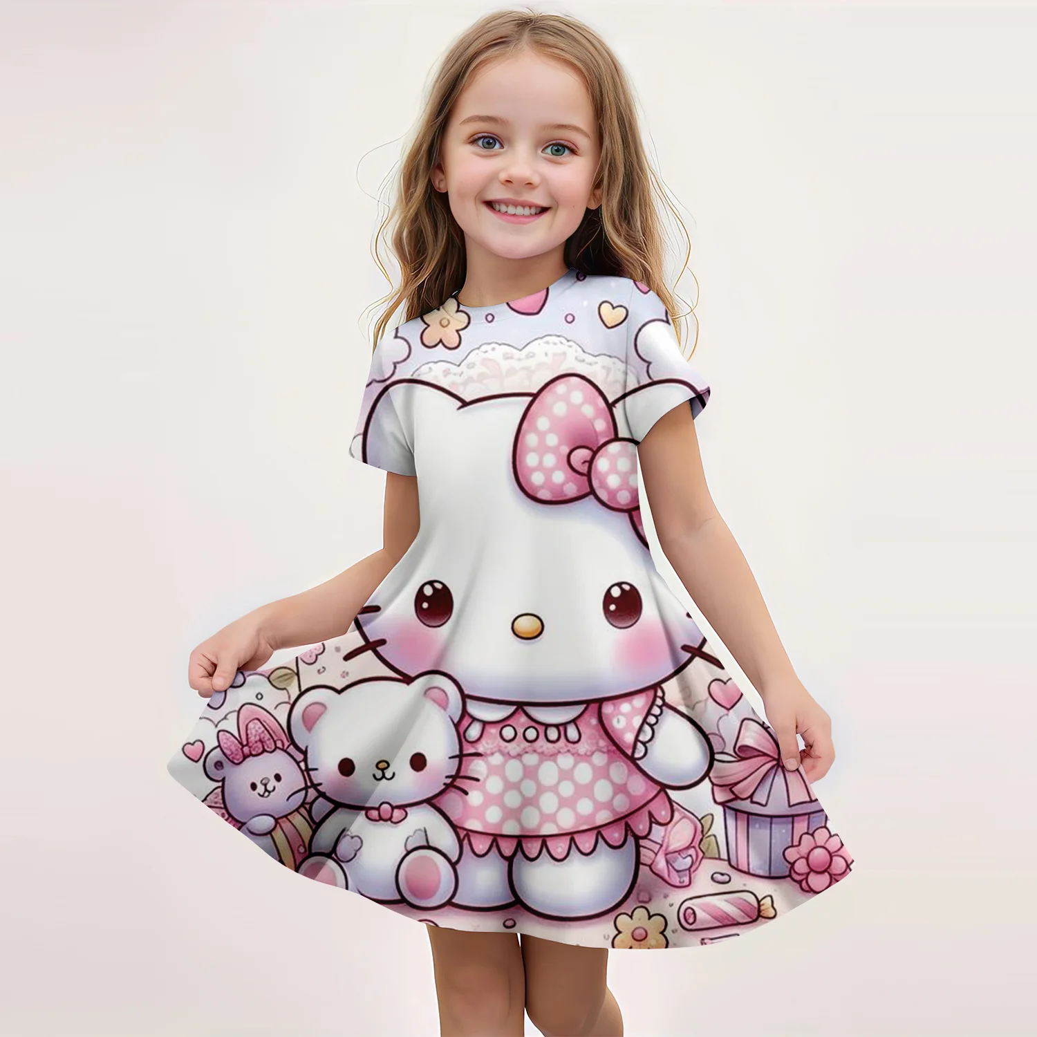 MINISO 2024 New Girls Summer Dress Fashion Cartoon Cute Hello Kitty 3DPrint Dresses Girl Short Sleeve Princess Vacation Clothing