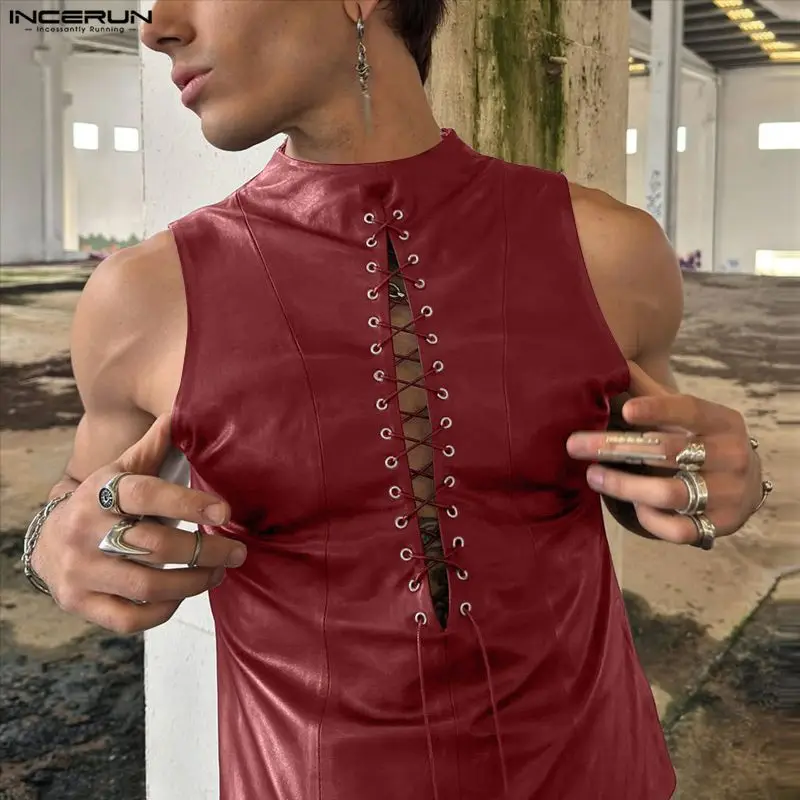 INCERUN Men's Tank Tops PU Leather Stand Collar Sleeveless Tops For Man Vests Lace Up Hollow Out Streetwear Stylish Men Clothes