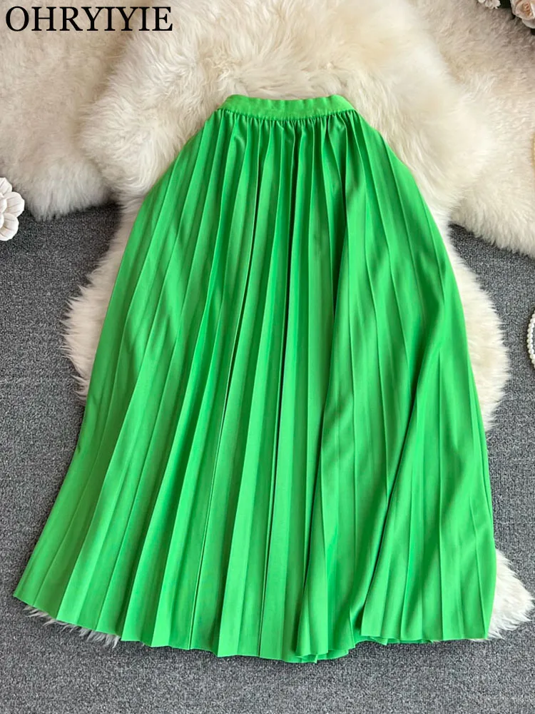 

OHRYIYIE Midi Long Pleated Skirt Women's Solid Color All-match High Waist Skirt Female Autumn Winter Black White A-line Skirt