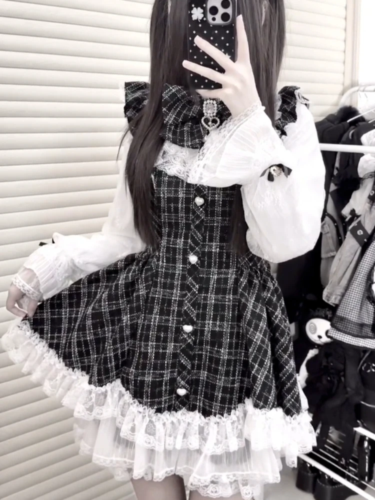 

Женское японское платье в черную клетку с бантом и пэчворком, дизайнерское, в стиле Хепберн, с французским кружевом, с длинными рукавами, весеннее, кавайное, для женщин